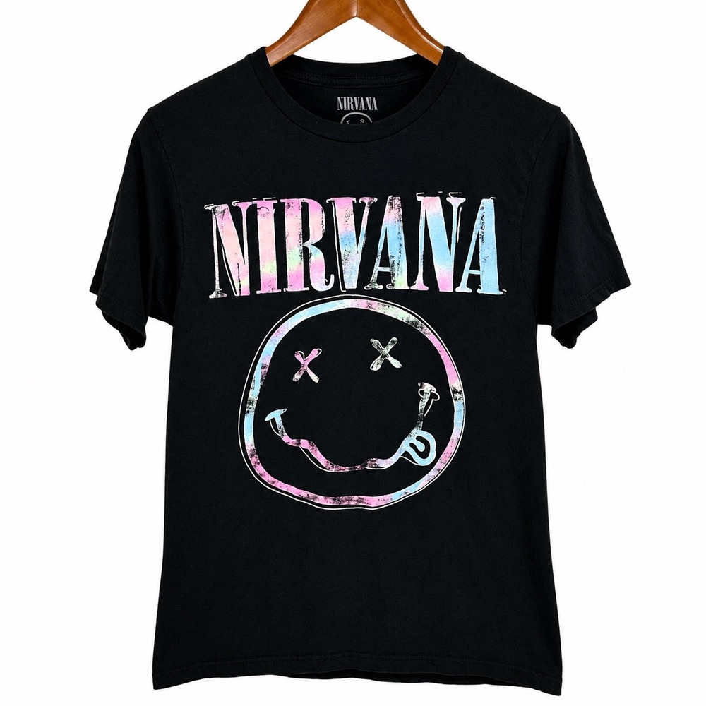 Nirvana Smiley Face Medium Graphic T-Shirt Black Pastel Tie Dye Logo Mens